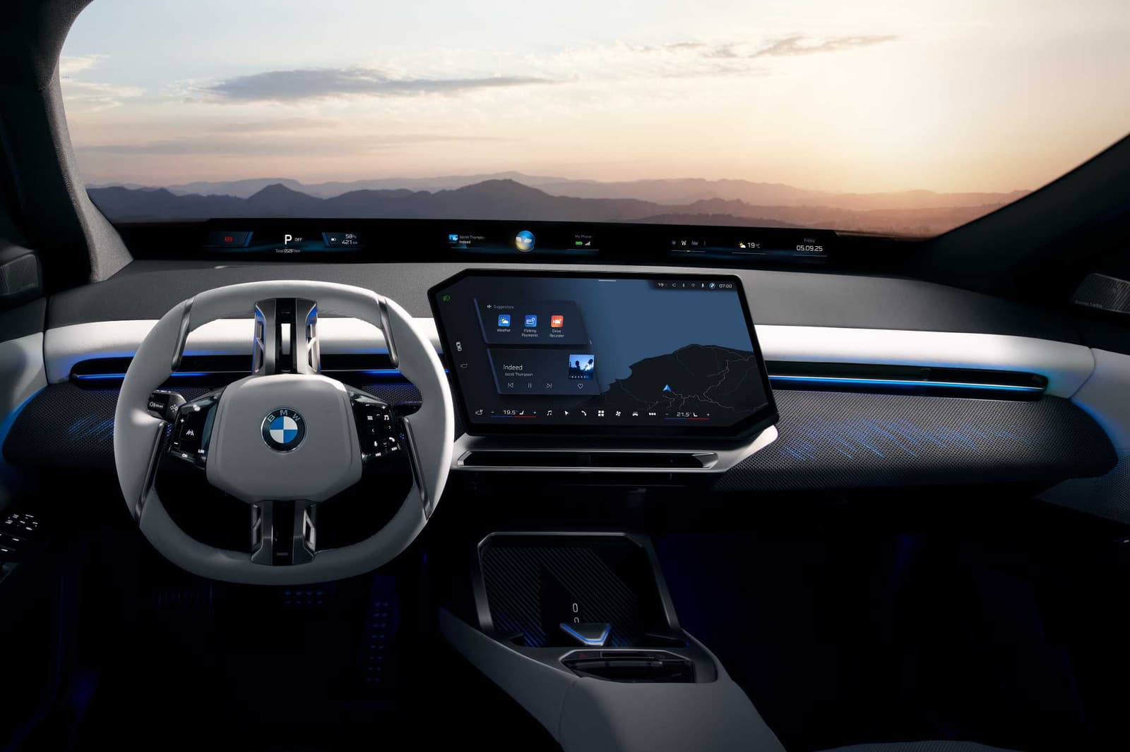 BMW iX3 cockpit with the Panoramic Vision display strip and the central screen