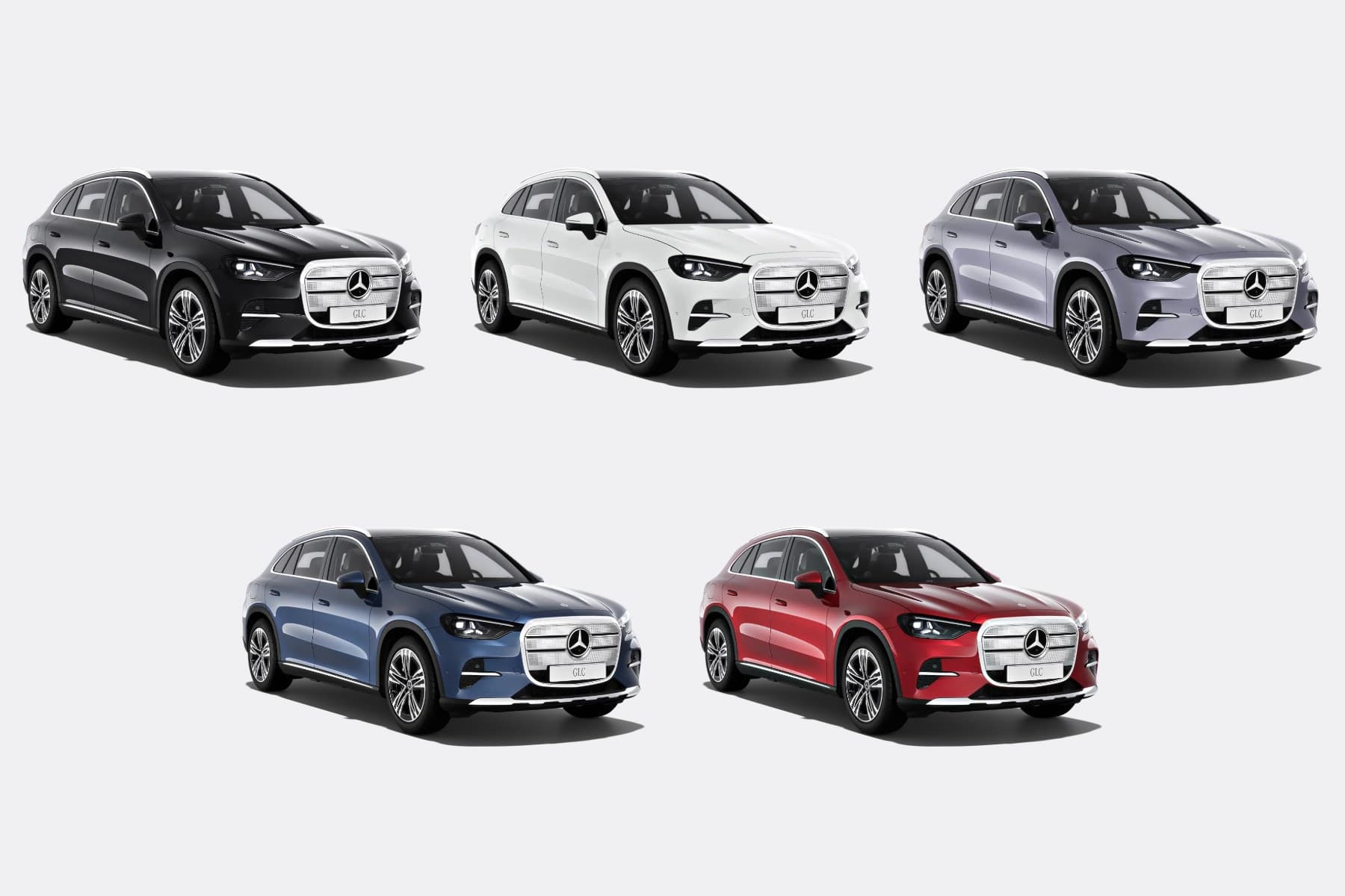 The electric Mercedes GLC 250 in several paint colours